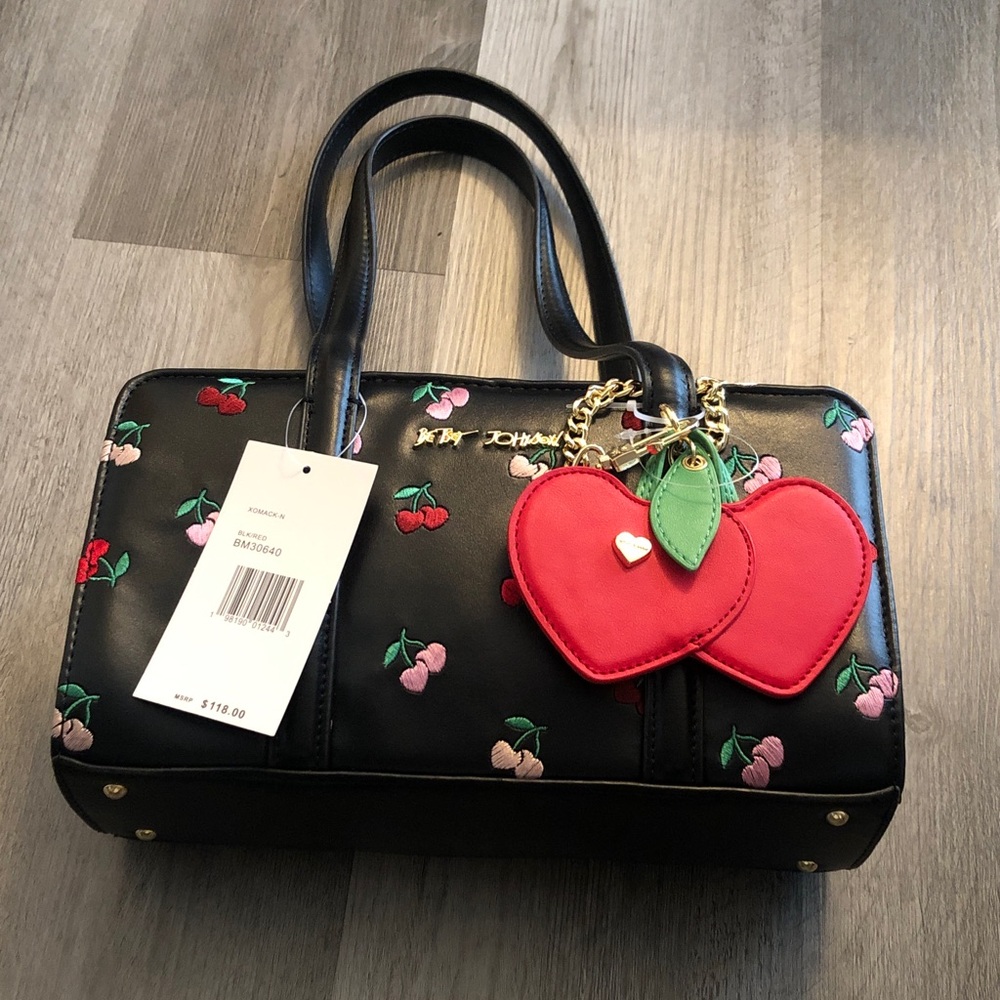 Betsey Johnson XOMACK-N Black EW Shoulder Bag Embroidered Cherry Print Charm NWT